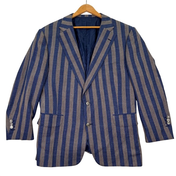 Leonard Logsdail Other - Leonard Logsdail Bespoke Mens 42S Striped Linen Blue Grey Custom Fit Sport Coat
